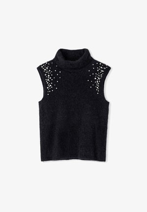 Maglione senza maniche nero con collo alto, realizzato in materiale soffice; presenta una dispersione di strass decorativi sulle spalle.