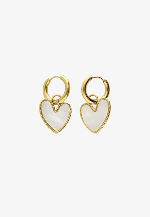 Gold hoop earrings with heart-shaped, iridescent mother-of-pearl accents. Detailed edge framing the hearts adds texture and contrast.