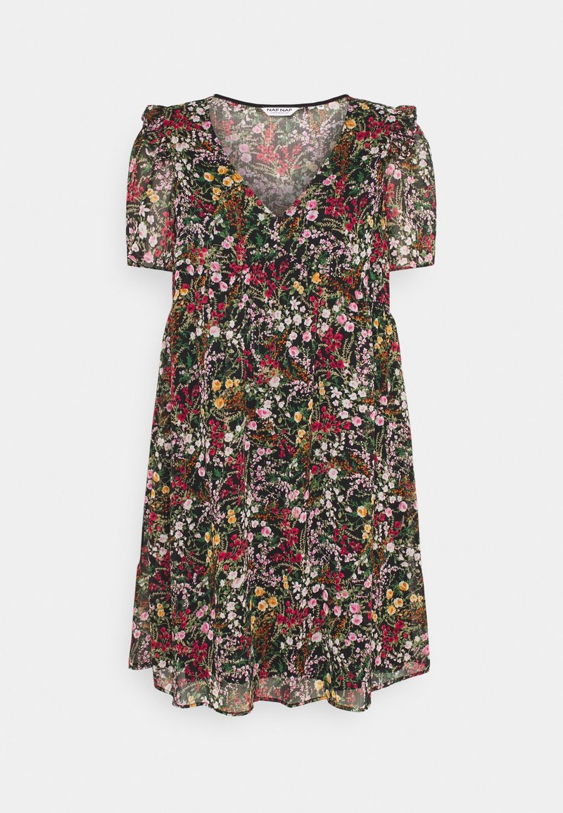 Robe noire à motif floral en tissu transparent. Caractérisée par des manches courtes bouffantes et un décolleté en V, ornée de diverses fleurs multicolores sur toute la surface.