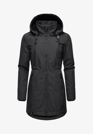 Čierna izolačná parka s kapucňou, so zipsom vpredu, nastaviteľnými sťahovacími šnúrkami a bočnými vreckami. Hladká tkanina s mierne štruktúrovaným povrchom.