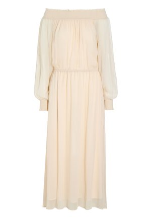 Off-the-shoulder, rome kleurige jurk met een smocked lijfje, lange ballonmouwen en een vloeiende, gestructureerde rok.