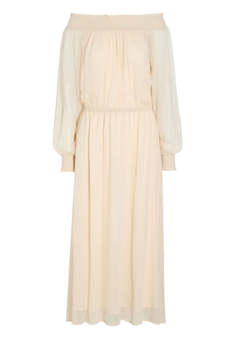 Õlavarrelt avatud, kreemika värvusega kleit, millel on smockitud rinnaosa, pikad õhkjad varrukad ja voolav, tekstureeritud seelik.