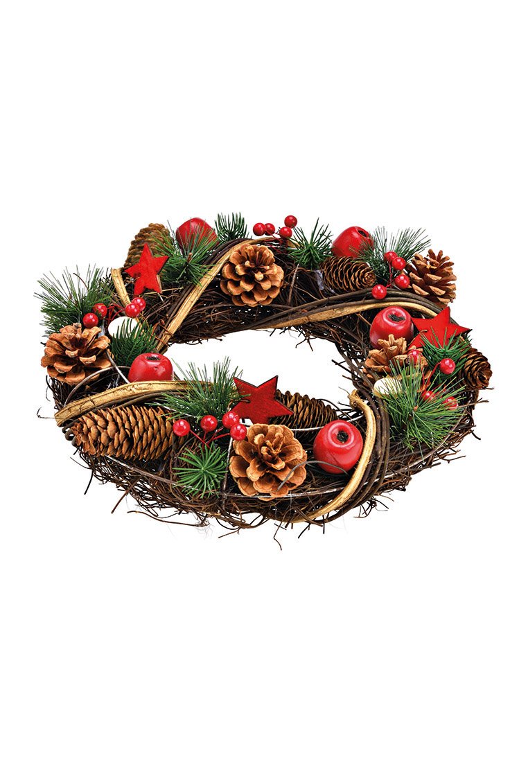 Coroncina realizzata con rami, arricchita da pigne, ornamenti rossi, fogliame verde, bacche rosse e dettagli a forma di stella, con una forma rotonda e testurizzata.