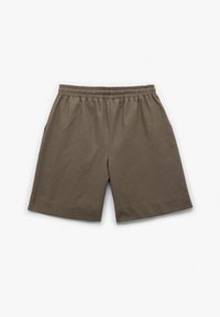 Braune, knielange Shorts aus weichem Stoff, mit elastischem Bund und Seitentaschen. Einfaches Design mit geradem Schnitt.