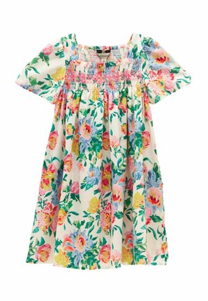 White toddler dress with colorful floral print, smocked chest, square neckline, and short puff sleeves.
