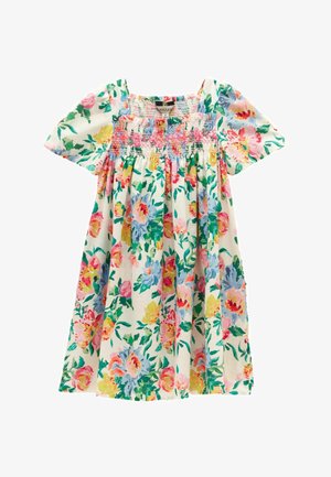 Rochie albă pentru copil mic cu imprimeu floral colorat, piept strâns cu fantă, decolteu pătrat și mâneci scurte bufante.