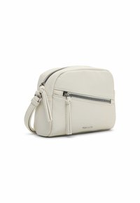 Borsa in finta pelle bianca con forma rettangolare, chiusura superiore con zip, manico singolo e tasca frontale con zip e dettagli in hardware argentato.