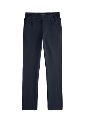 Pantalons décontractés pour hommes, bleu marine, avec ceinture élastique, fermeture à bouton, poches latérales et coupe droite.