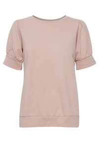 Helles rosa Baumwoll-T-Shirt mit kurzen Puffärmelchen, rundem Ausschnitt und einem Saum, der an der Taille leicht ausgestellt ist. Glatte Textur.