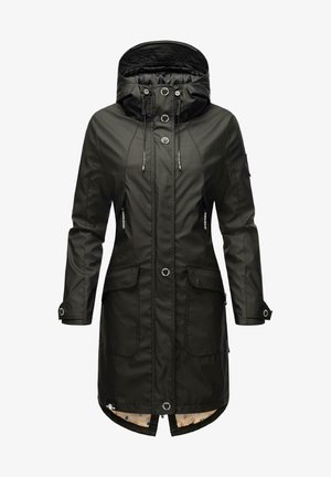 Parka imperméable noire avec capuche, dotée d'une fermeture éclair et de boutons-pression, de deux poches avant et de cordons ajustables sur la capuche.