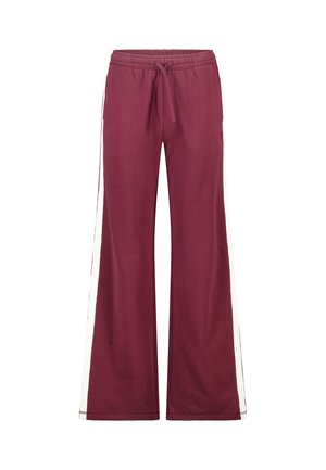 Bordeaux wijde broek met witte zijkanten, gemaakt van zachte stof, met een elastische tailleband met trekkoord voor een verstelbare pasvorm.
