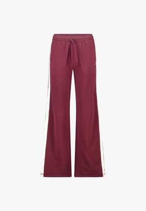 Pantaloni largo bordeaux con strisce bianche ai lati, realizzati in tessuto morbido, dotati di una vita elastica con cordoncino per una vestibilità regolabile.