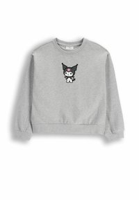 Jasnoszara bluza z prążkowanymi mankietami i dołem, z nadrukiem na przodzie przedstawiającym postać z kreskówki w czarnym kapeluszu z różowym akcentem.