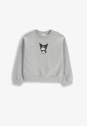 Jasnoszara bluza z prążkowanymi mankietami i dołem, z nadrukiem na przodzie przedstawiającym postać z kreskówki w czarnym kapeluszu z różowym akcentem.