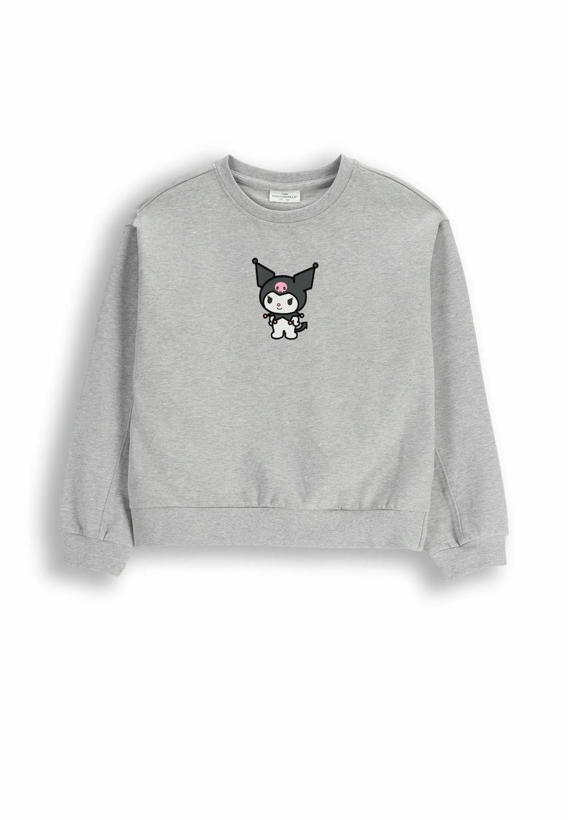 Jasnoszara bluza z prążkowanymi mankietami i dołem, z nadrukiem na przodzie przedstawiającym postać z kreskówki w czarnym kapeluszu z różowym akcentem.