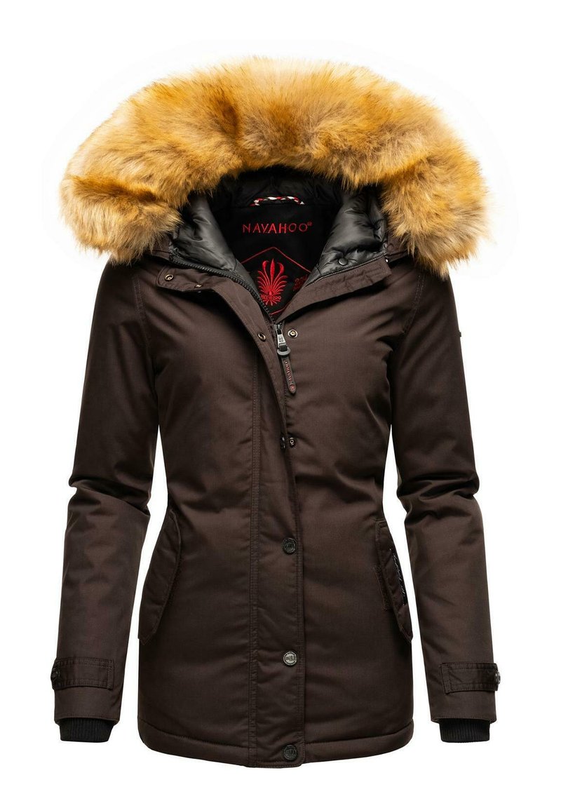 Brown parka jacket with a faux fur hood, featuring a zip and button closure, side pockets, and a smooth texture. Inside has red branding.