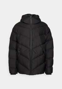 Giacca a vento nera con cappuccio, caratterizzata da un design a rombi trapuntati, chiusura con zip frontale e tasche laterali. Tessuto dalla texture liscia.
