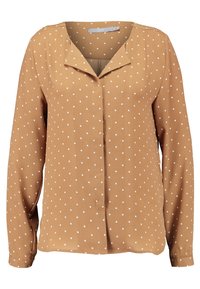 Blusa marrone a maniche lunghe con pois bianchi, caratterizzata da un colletto a punta e chiusura frontale con bottoni, realizzata in tessuto morbido e liscio.