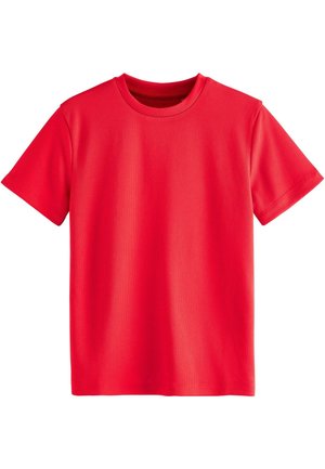 Piros, rövid ujjú, kerek nyakú póló texturált, könnyű anyagból, fehér háttéren bemutatva.