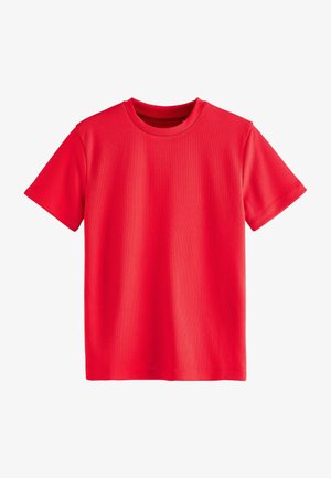 Rød T-shirt med korte ærmer og rund hals i et tekstureret, let stof, vist på en hvid baggrund.