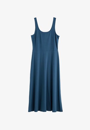 Mouwloze jurk tot de knie van een effen donkerblauwe stof. Heeft een getailleerd lijfje en een uitlopende rok, gemaakt van een zachte, gladde material.