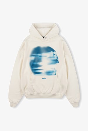 Kreemikat värvi kapuutsiga pusakas, millel on eesmine tasku, sinine abstraktne disain ja soonikkoesed varrukad. Valmistatud pehmest kangast, millel on mugav istuvus ja suur kapuuts.