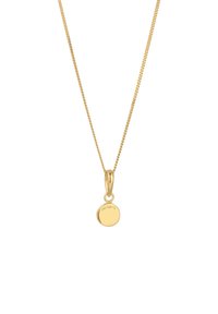 Guldhalskæde med vedhæng i glat, rundt design og en tekstureret kæde, med diskret indgravering på vedhængets overflade. Minimalistisk design.