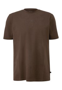 Brązowy T-shirt z krótkim rękawem, okrągłym dekoltem i subtelnym logo. Wykonany z miękkiego materiału, charakteryzuje się luźnym, prostym krojem.