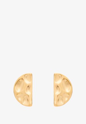 Boucles d'oreilles en métal doré de forme demi-lune, présentant une surface texturée avec des indentations arrondies pour un effet visuel intéressant.