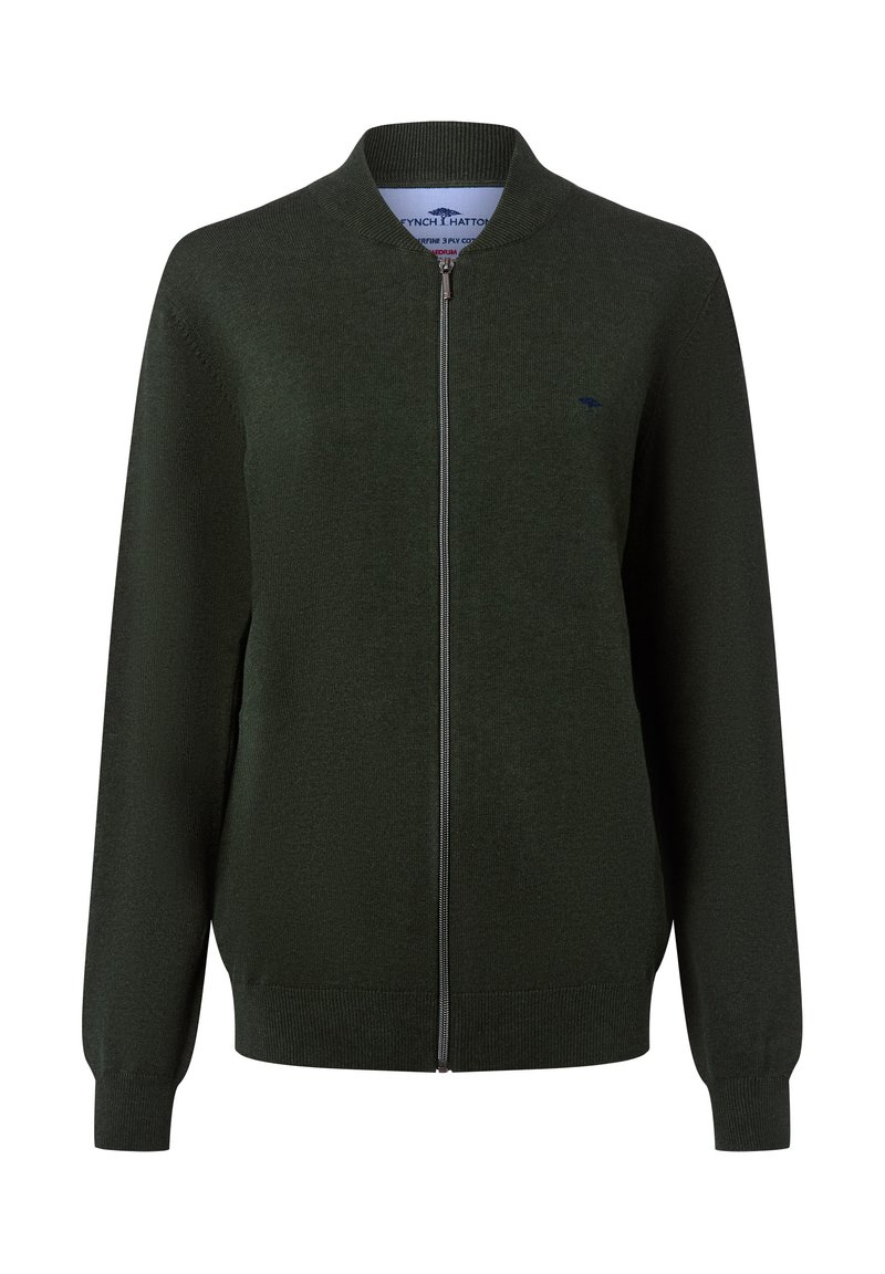 Grüner gestrickter Cardigan mit einem Reißverschluss vorne, gerippten Bündchen und Saum sowie einem kontrastierenden blauen Logo auf der Brust. Glatte Textur, klassisches Design.