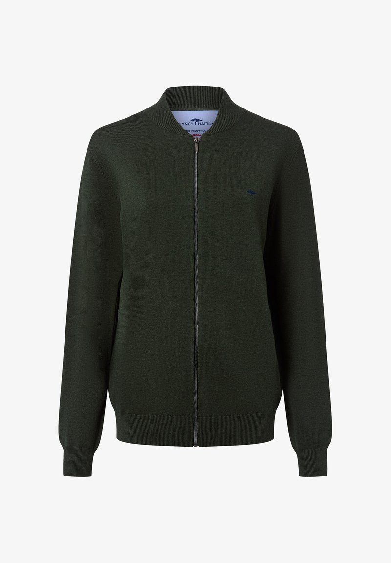 Grüner gestrickter Cardigan mit einem Reißverschluss vorne, gerippten Bündchen und Saum sowie einem kontrastierenden blauen Logo auf der Brust. Glatte Textur, klassisches Design.