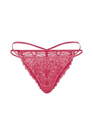 Spitzenstring in lebhaftem Pink mit floralen Mustern und gewellten Kanten, ausgestattet mit dünnen, verstellbaren Trägern für einen sicheren Sitz.