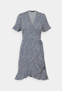 Floral wrap dress in navy blue with white pattern, short ruffled sleeves, a V-neckline, and a tie waist detail. Flowy hemline.