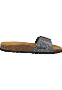 Slide sandaal met een zwarte synthetische bovenkant met een gestructureerd, metallic patroon. Kurken voetbed en zwarte rubberen buitenzool. Verstelbare gesp.