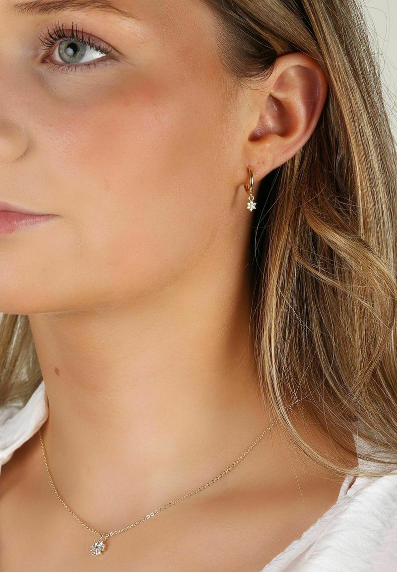 Guldörhängen med en liten blomma hängande och ett matchande guldhalsband med en liknande blomstercharm. Slät, glänsande yta.