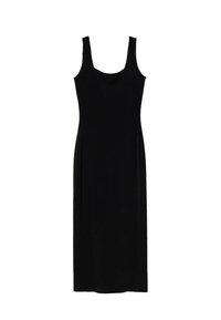 Robe noire sans manches avec un col en U, une silhouette ajustée et un ourlet à hauteur des genoux. Fabriquée à partir d'un tissu doux et lisse.