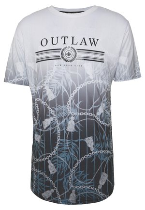 Kurzarm-T-Shirt in Weiß und Dunkelgrau, mit einem grafischen Design aus Ketten- und Blattmustern sowie dem Text "OUTLAW" auf der Brust.