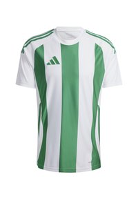 Grün-weiß gestreiftes Sporthemd mit kurzen Ärmeln, hergestellt aus atmungsaktivem Material. Es hat drei grüne Streifen auf jeder Schulter.