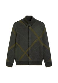 Knitted cardigan in dark green with a textured pattern, featuring a high collar, button front, and yellow diagonal stripes.