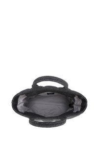 Szara torba na ramię z podwójnymi tekstylnymi uchwytami. Wnętrze wykończone gładką kremową podszewką i małą kieszonką. Zamek błyskawiczny na górze.