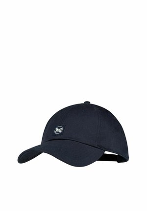 Schwarze verstellbare Baseballkappe mit gebogenem Schirm und kleinem rundem "Buff"-Logoaufnäher vorne in der Mitte.