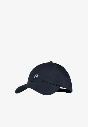 Schwarze verstellbare Baseballkappe mit gebogenem Schirm und kleinem rundem "Buff"-Logoaufnäher vorne in der Mitte.