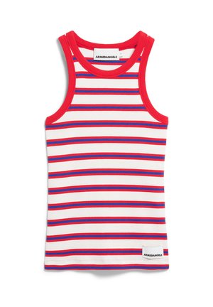Gestreiftes Tanktop mit roten und blauen horizontalen Streifen auf weißem Grund. Gerippte Textur und roter Besatz an Hals und Armen. Markenetikett sichtbar.