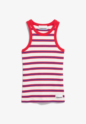 Gestreiftes Tanktop mit roten und blauen horizontalen Streifen auf weißem Grund. Gerippte Textur und roter Besatz an Hals und Armen. Markenetikett sichtbar.