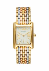 Reloj con pulsera de eslabones en oro, plata y oro rosa con caja rectangular de oro, esfera blanca, números romanos y pequeño subesfera de segundos a las 6 en punto.