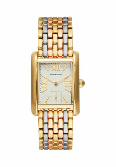 Montre bracelet à maillons en or, argent et or rose avec boîtier rectangulaire en or, cadran blanc, chiffres romains et petit cadran secondaire des secondes à 6 heures.