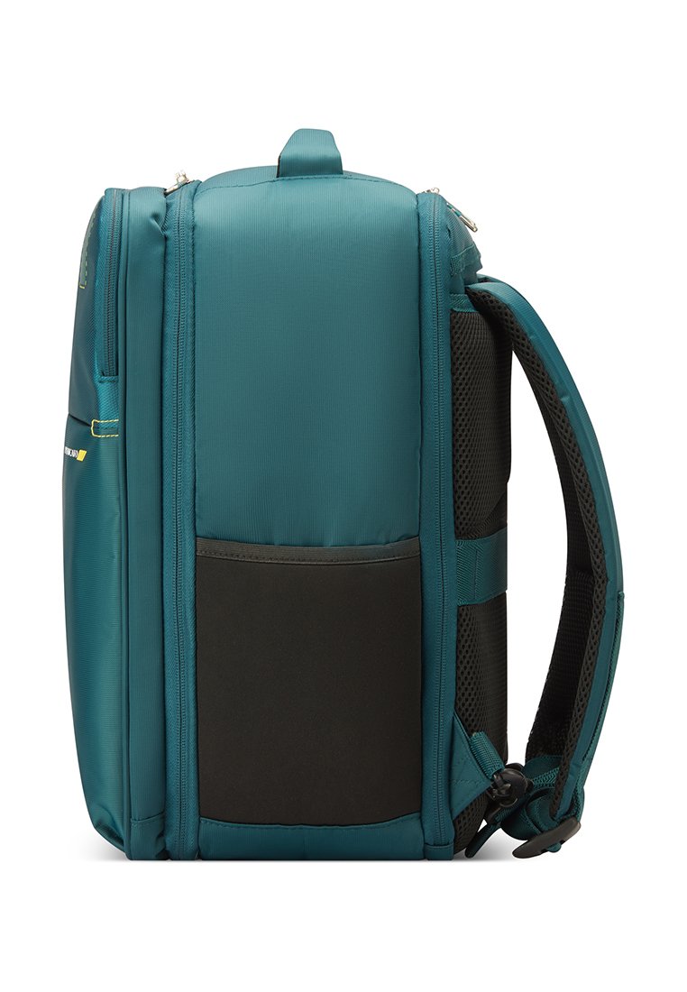 Zaino in tessuto teal con design strutturato, caratterizzato da una base nera, accenti in rete, una tasca frontale e spallacci regolabili.