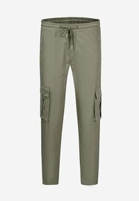 Pantalons cargo kaki avec une taille élastique et un cordon de serrage, dotés de deux poches latérales et d'une coupe slim. Tissu lisse et léger.