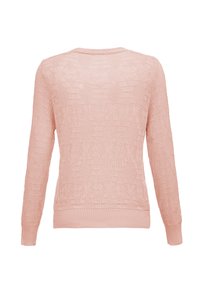 Helles rosa Strickpullover mit langen Ärmeln, Rundhalsausschnitt und strukturiertem Muster. Mit gerippten Bündchen und Saum. Rückansicht gezeigt.