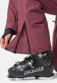 Bordeaux ski broek met zijritsen en drukknopen bij de zoom, naast een zwarte Dalbello skischoen met zilveren gespen en een wit logo.
